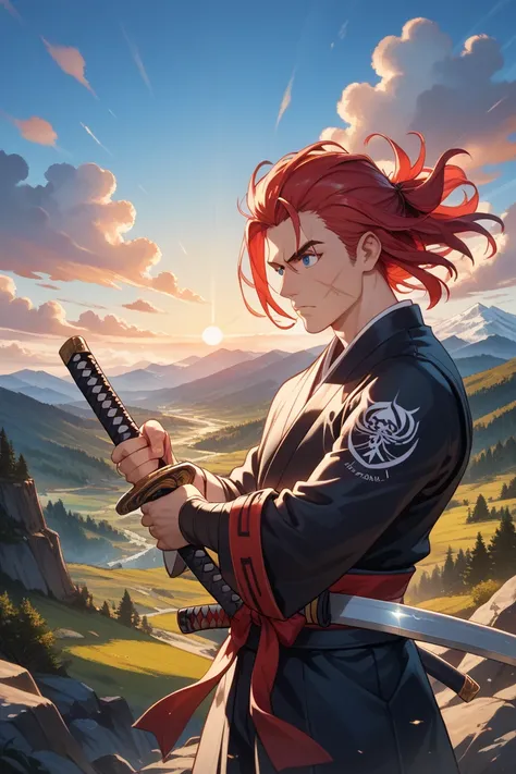 Draw a samurai with red hair and a cross scar on his left cheek