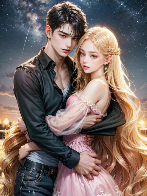 couple, 1 girl 1 boy , Different hair colors,   long blond wavy hair 、 no bangs 、 gray eyes,  pink sundress, With short black hair (green eyes). Black shirt in front and jeans, Different heights, detailed eyes, staring at the viewer. they hug. The backgrou...