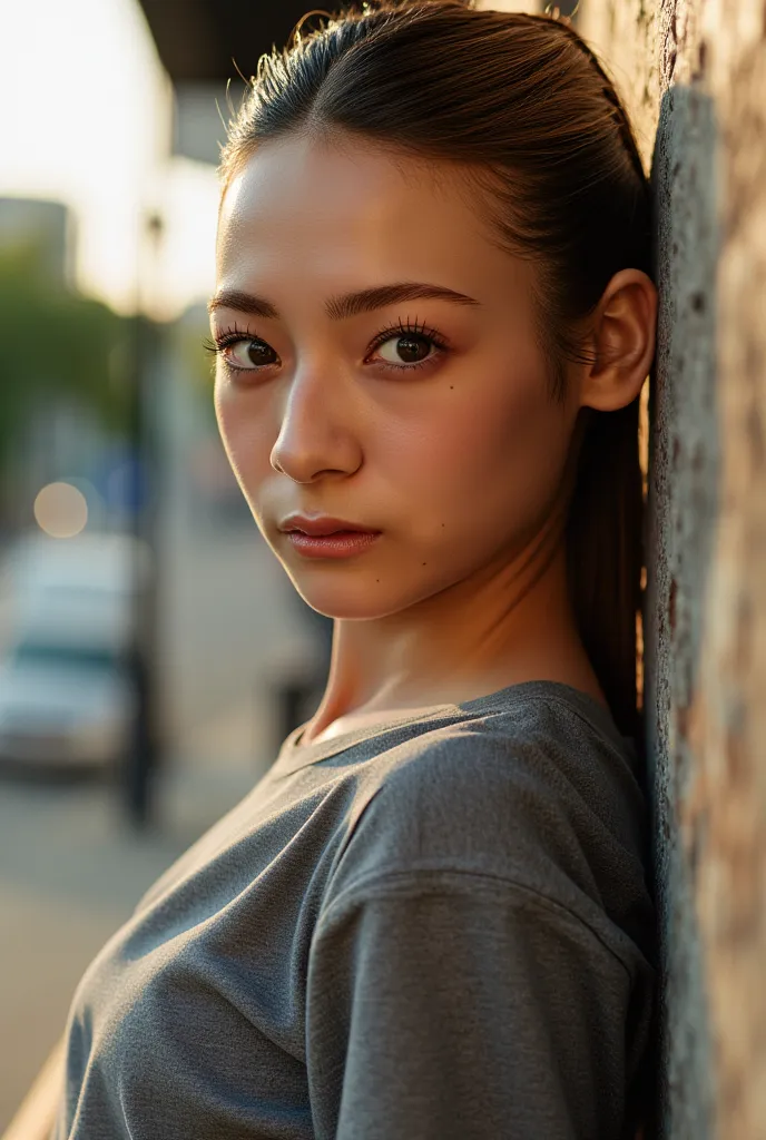   ,  perfection , beautiful,  beautiful eyes , As a girl,  , street, natural light,  light brown hair ,  ponytail,  blue eyes,  not fit for work , As a girl,  , perfection, wet,  huge ,  put her on the wall   ,  squeezes her huge  on the wall , look at the...