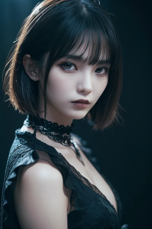 ( High Quality : 1.3),  Movie-like Shots , masterpiece, ( Sharp Focus: 1.5), ( Photorealistic: 1.3), Medium Portrait (Beautiful young vampire woman,  blue-white skin, gothic, Still proud、Brave, Straight black short bob , Dark appearance,  wearing a dark tu...