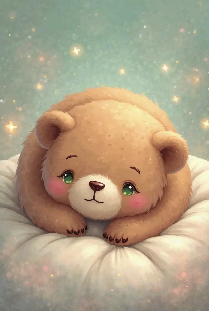 Sofia is a bear (with big green eyes and brown fur), who is dreaming in her sleep Kawaii style