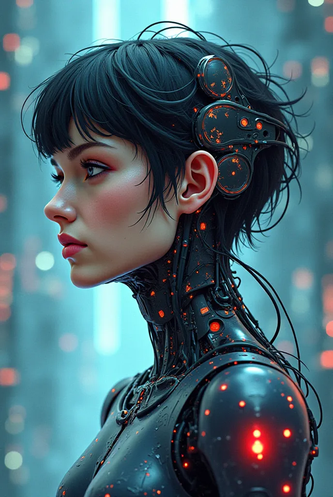 The image would show Donna Haraway with a cybernetic design, with technological implants and surrounded by information networks and hybrid beings (mix of humans, animals and machines).
animation style, As if she were an anime villain, that looks powerful