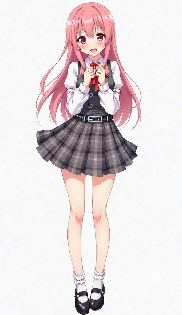 Japanese anime adolescent woman with long straight pink hair and intense magenta eyes and wears an outfit with a white blouse with long puffed sleeves and a gray plaid dress with a pleated skirt and belt. She wears white socks with decorative trim and blac...