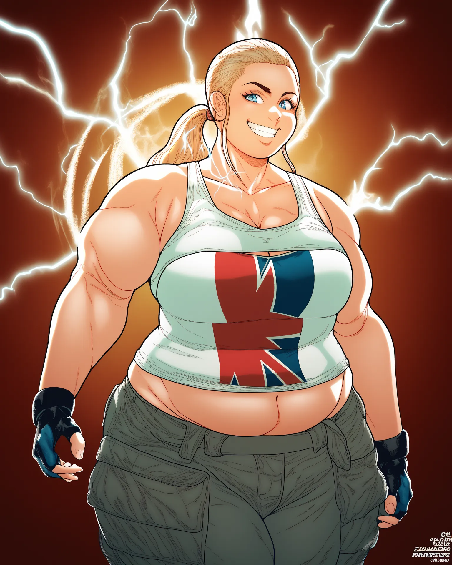 score_9, score_8_arriba, score_7_arriba, score_6_arriba, masterpiece, the best quality, jennysparks (big fat body),(clothes that fit your big, fat body size), sleeveless t-shirt, blond hair,  clothing trim , ponytail, sidelocks, neckline,  midriff,  pants,...