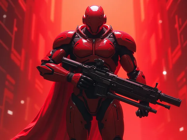 bright red epic game background with elements of black with a game character, the character is shown in large detail with a weapon in his hands, character in a robot costume