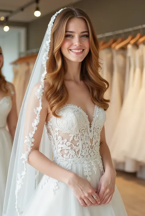A beautiful young bride with wavy auburn hair, a gentle smile, wearing a delicate A-line wedding dress with lace and soft chiffon details that flowed to the floor and a veil. in a luxury wedding dress store.
