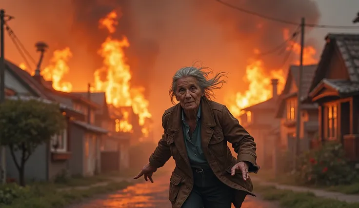 sunny weather. Village. In the foreground, a frightened grandmother runs, 8 houses are burning in the background