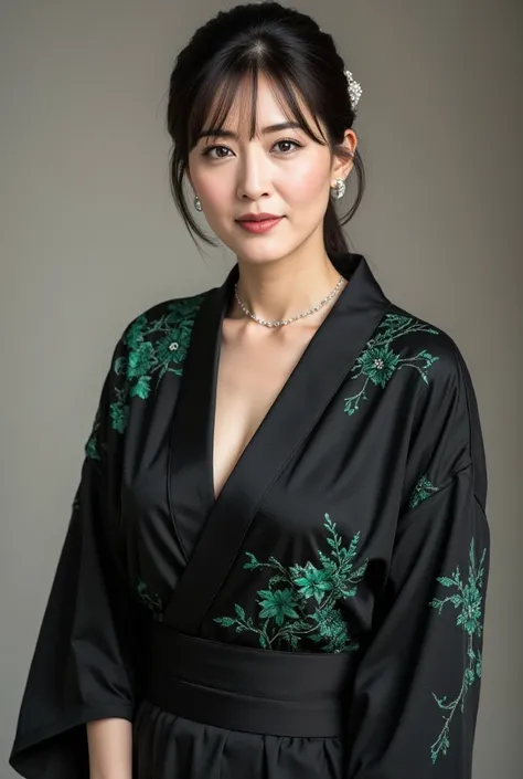 A close-up portrait of a stunning, voluptuous 50-year-old Japanese woman exuding an aura of mystery and elegance. She wears a modernized Edo-era courtesan-inspired kimono in deep black silk, featuring shimmering jade-green embroidery in the shape of delica...