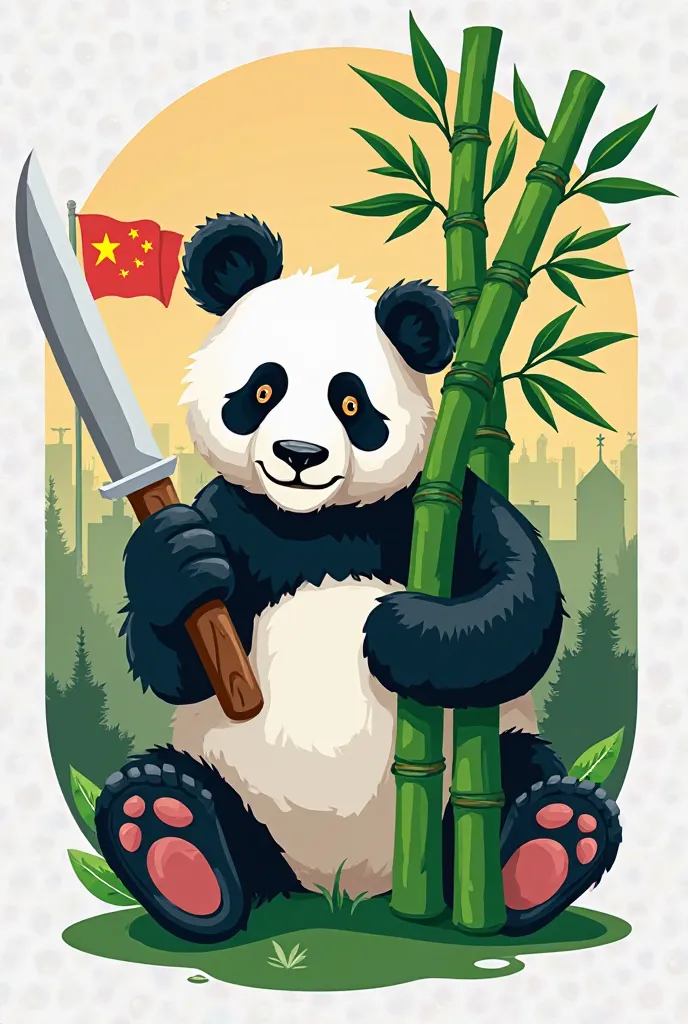 Create a logo named panda city with a panda holding a knife in hand with a bright green bamboo clump with a front tree in wood. Modern fresh colors. The background is a city with a flag with a tree, with a bamboo tree.