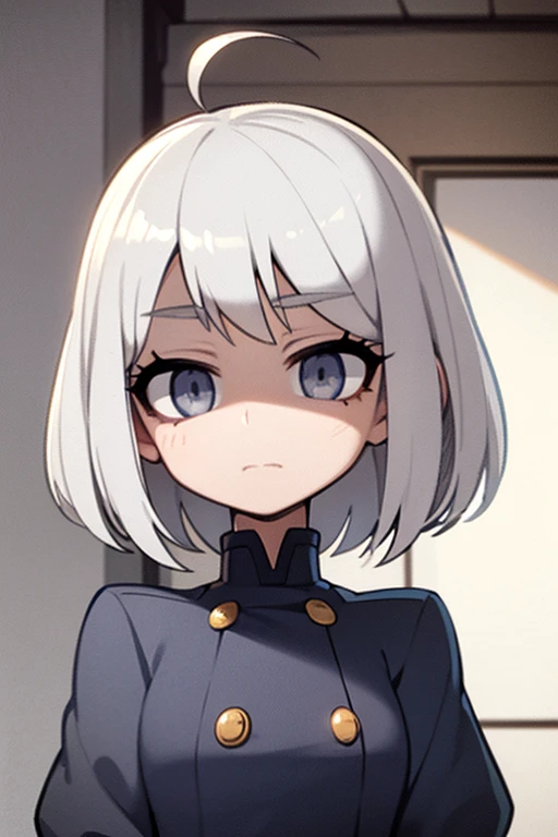     Short White Hair 、Thorough、 ((   Beautiful anime eyes looking up from the front )).        lace dress、 ((       gray eyes:1.25)).Headbang 2.、             navy blue uniform             、    It looked like they were brushing   、(Cute upward glance).((   ...