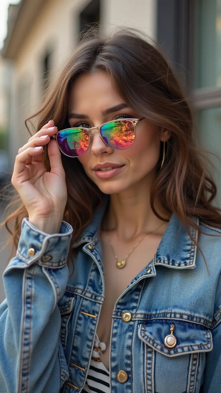 


---

Description de l’image :
Une jeune femme au style urbain pose avec confiance, portant une veste en jean et des lunettes de soleil futuristes à reflets colorés. Elle a une attitude décontractée, tenant légèrement ses lunettes d'une main. 