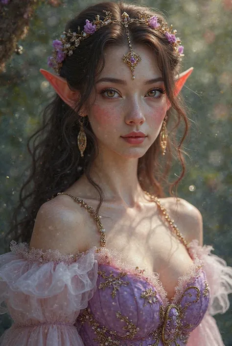 Beautiful fantasy romance princess whose half fae and half human. She has delicate and porcelain white skin, large round purple eyes, waist length wavy dark brown hair that drapes around her almond shaped face. She has amble bosom and is dressed in the mos...