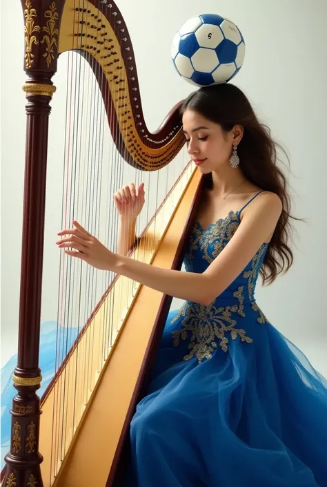 "Create an image of a female harpist playing her instrument with elegance. She is dressed in a beautiful gown featuring the blue and gold colors of the Al Nassr football club logo, with flowing fabric and delicate patterns inspired by the club's theme. A s...