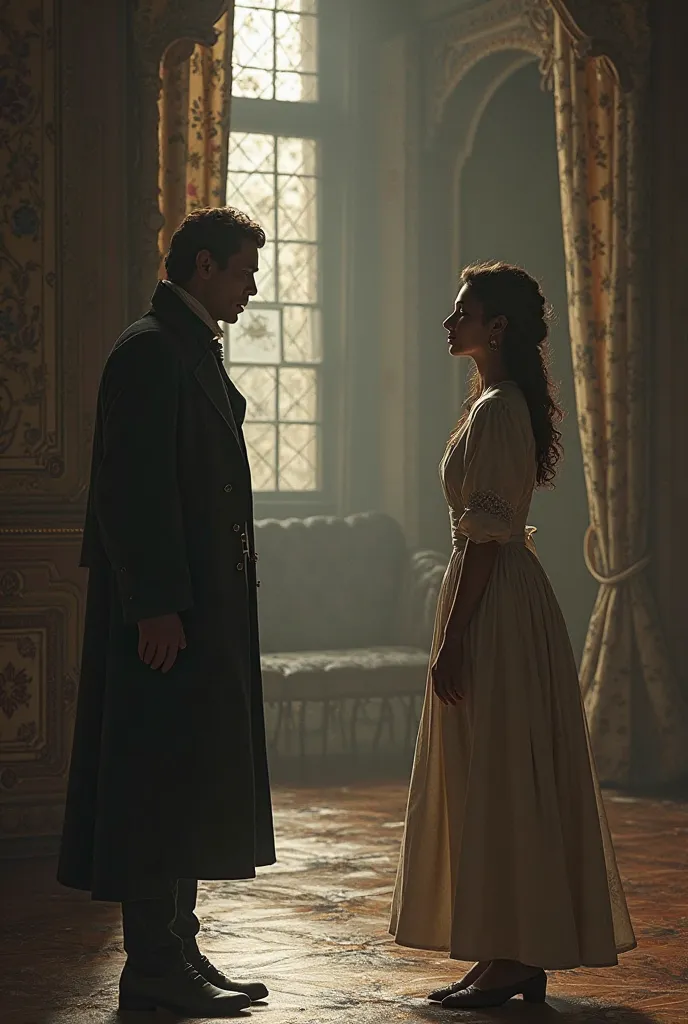 generate an image of jane eyre in a modest dress, standing in the grand Thornfield Hall, meeting mr rochester