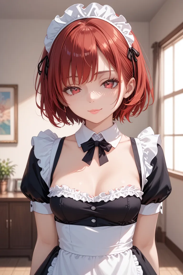 girl,curvy,tired,(red hair,red eyes,short hair),medium breasts,black maid,tan,sulking,furrowed brow,small breasts, miniskirt,light smile,victory pose