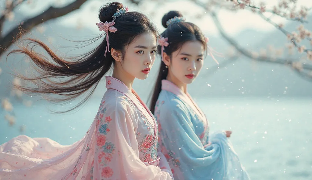 "Two women dressed in exquisite hanfu robes, featuring soft pastel colors of pink and blue, adorned with intricate floral embroidery. The flowing fabric moves gently with the breeze, enhancing the ethereal beauty of the scene. Their hair is styled with del...