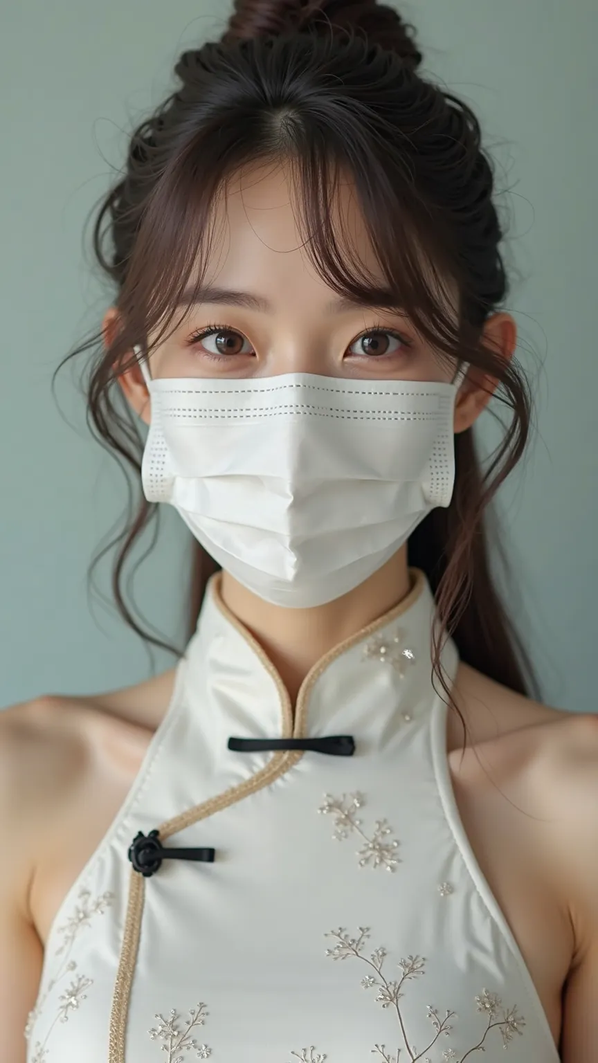 ((wearing a white medical mask))，Almond eyes，Big eyes are very bright， elegant temperament ，The body is slender and perfect，Straighten dark brown hair to the back of the head，hair extremely white，A few strands of hair fall freely on her forehead，float and ...