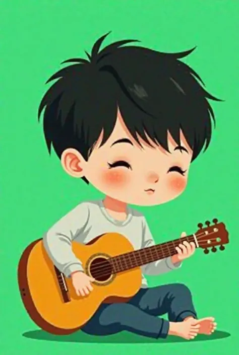 Drawing of a young boy, small, serious, happy, relaxed, calm, with short straight black hair, playing the guitar with a completely green background without details