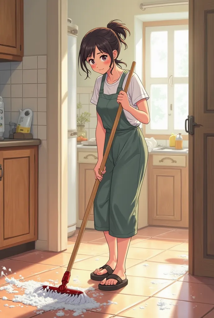 An aunt in her 30s is mopping the floor with a mop，anime style