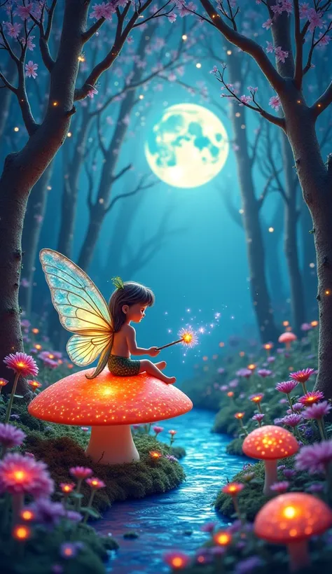 A magical forest with glowing trees, colorful flowers, and a sparkling river. In the center, a small fairy with butterfly wings is sitting on a glowing mushroom, holding a magical staff. The background shows a bright moon and twinkling stars.