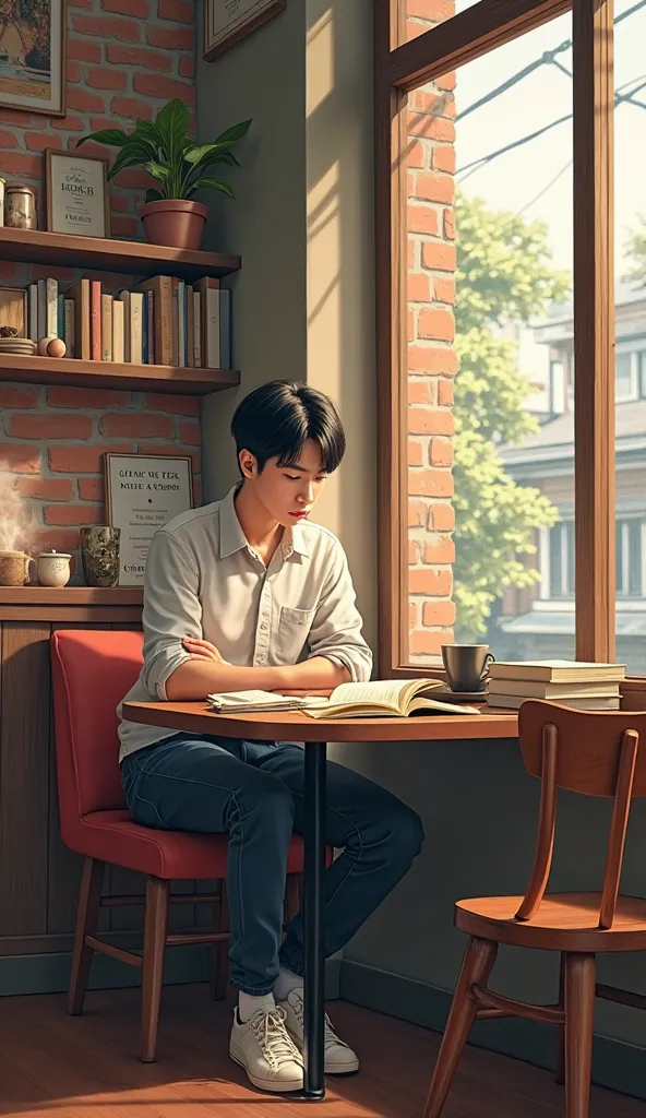 Korean college student Tae-hoon is studying at a coffee shop.