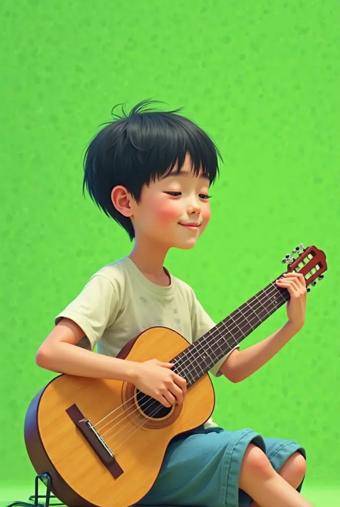 Drawing of a young boy, small, serious, happy, relaxed, calm, with short straight black hair, playing the guitar with a completely green background without details