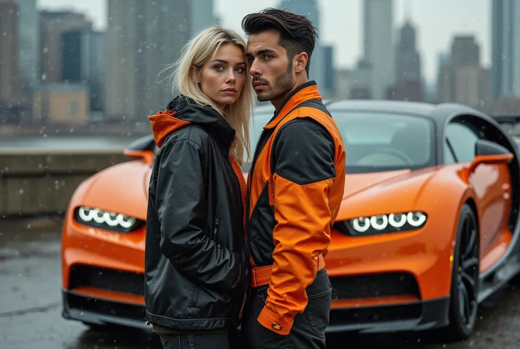 High quality, highly detailed, hyper realistic 4k photo of the orange and black Bugatti Chiron model car in the New York City skyline; A beautiful Ukrainian woman with pale green eyes and ash blonde hair standing next to the car and a menacing handsome Ame...