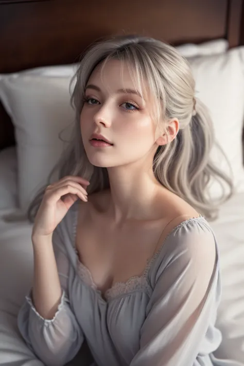 masterpiece,  top quality ,  More details, 8k, Subtle Light, detailed shadows, Born, (  detailed skin), (Genuine: 1.2),, 1.  Scandinavian girl , face, (), Gray Hair, Sleep in a comfortable bed,  nightdress