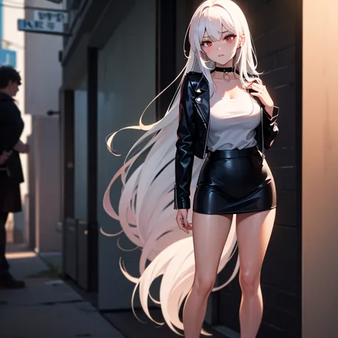 Extremely puzzled and embarrassed in a dark alley in the middle of the night, A tall female assassin with long white hair and sharp red eyes wearing a black leather jacket and leather skirt over a white t-shirt, wearing a choker