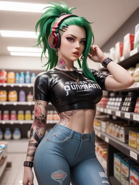   1 girl, Is in the shop , Hair sticking out from both sides,  green hair,  in extremely tight , glänzende metallic Sweatshirt, groaning, Face tattoo, neckband headphones, Body tattoo, jeans