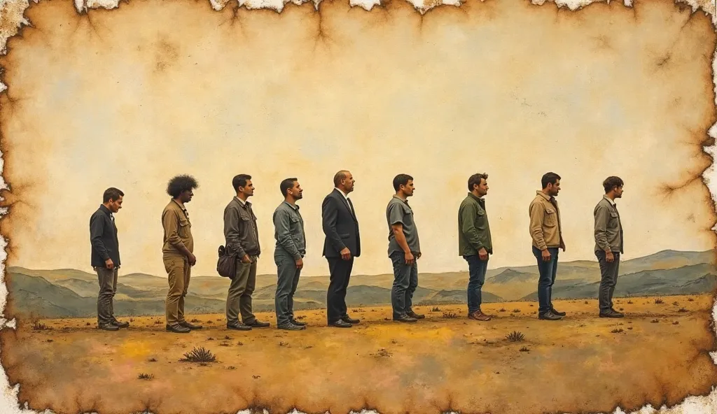 (an oil painting style drawing on canvas,  colored, on old, yellowed paper, What does it portray with burnt edges:) Several people lined up on the horizon