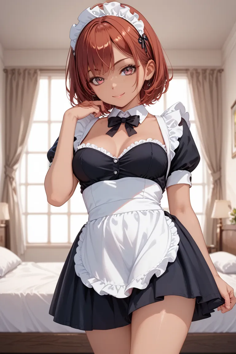 girl,curvy,,(red hair,red eyes,short hair),medium breasts,black maid,tan,sulking,furrowed brow,small breasts, miniskirt,light smile,victory pose,bedroom