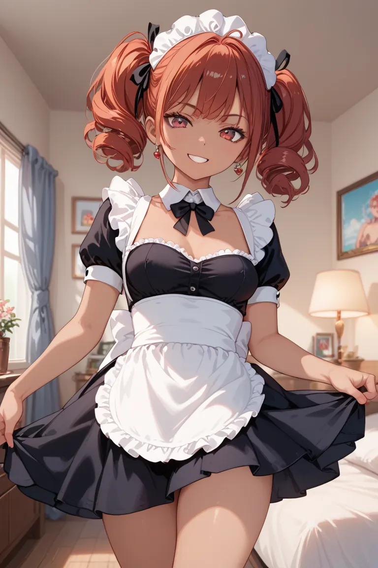 girl,curvy,,(red hair,red eyes,short hair),medium breasts,black maid,tan,sulking,furrowed brow,small breasts, miniskirt,light smile,victory pose,bedroom