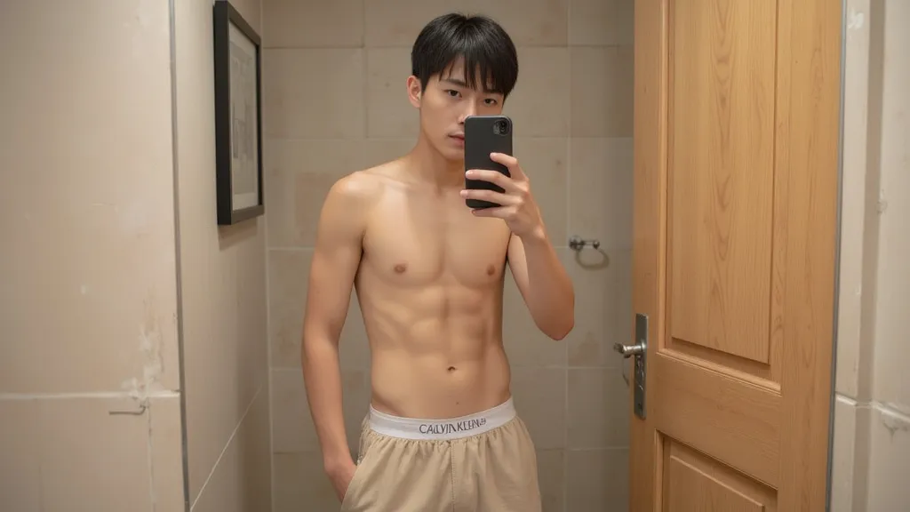 
Create an image of a young Thai man. He has a slim but slightly muscular build, with short black hair. He is standing in front of a mirror in a bathroom, taking a selfie with a smartphone in his right hand. He is wearing beige shorts, and the waistband of...