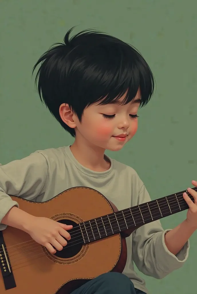 Drawing of a young beautifull boy, small, serious, happy, relaxed, calm, with short straight black hair, playing the guitar with a completely green background without details