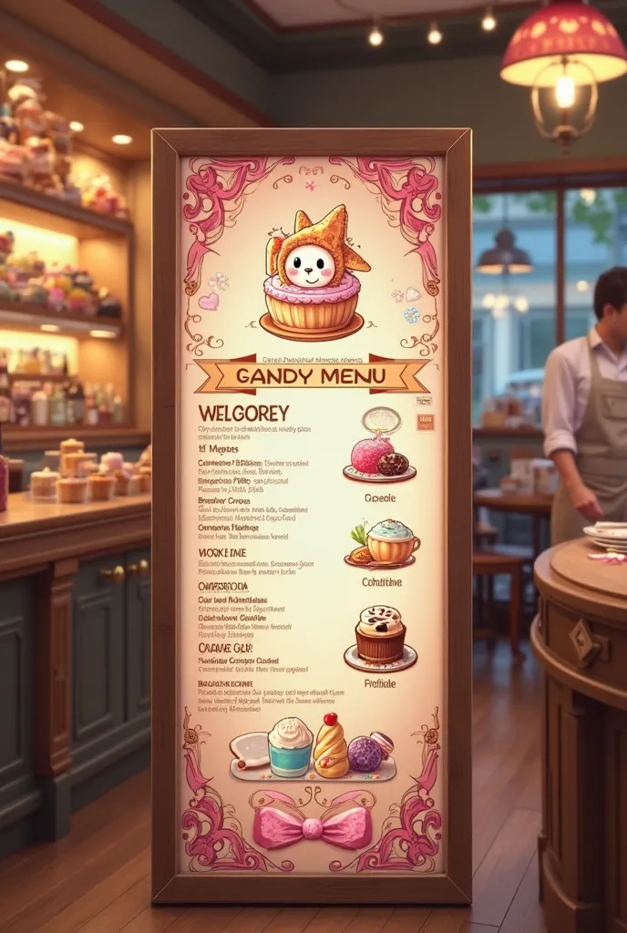 Let's say a professional draftsman draws a virtual reality candy menu sign in a bakery.