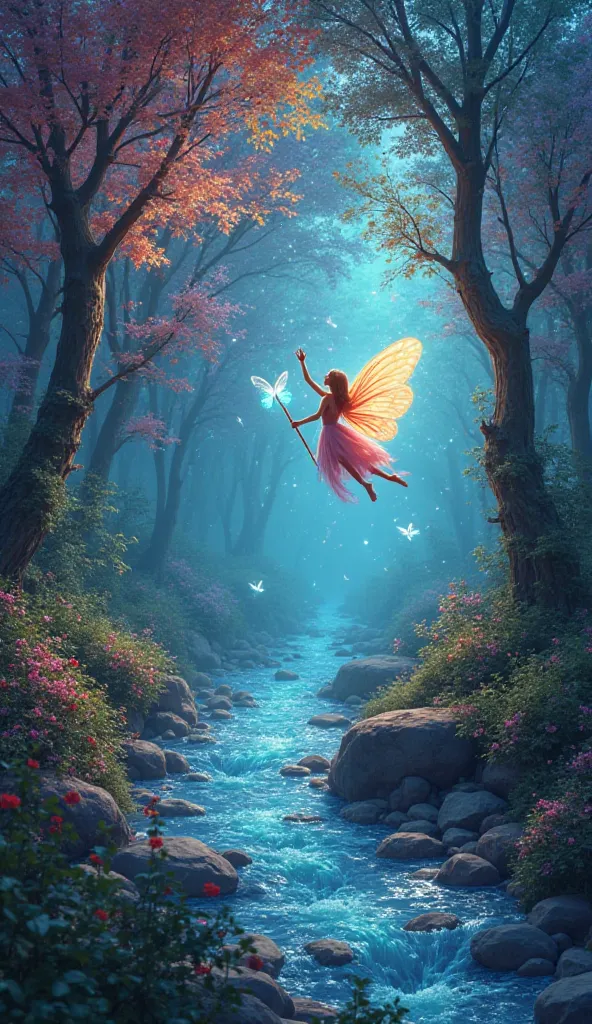 The magical forest is now fully transformed. The trees are glowing with vibrant colors, the river is sparkling like diamonds, and the sky is filled with magical lights. The fairy is flying in the air, her butterfly wings glowing brightly, and the magical s...