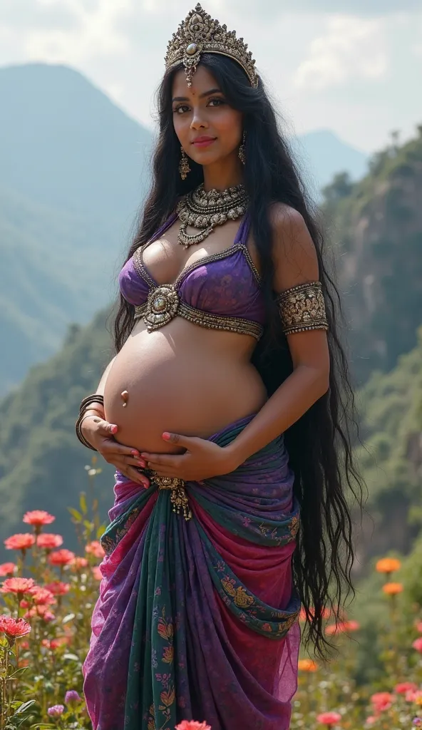 Indian goddess, woman, pregnant, very big boobs open, sexy woman, wearing tight fancy transparent purple red yallow sexy choli bra,visible big breasts over transparent bra sexy fancy tight purple  green transparent  black skirt sexy penty, standing at moun...