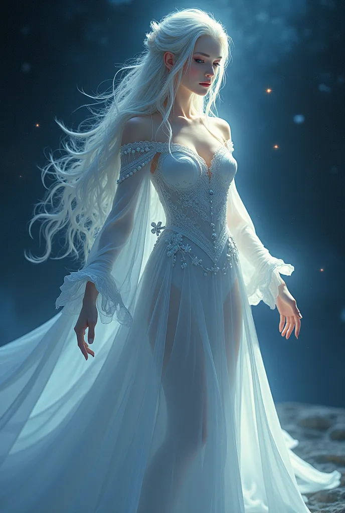 I imagine Lunne Somarel as a mysterious and ethereal figure, with a deep connection to the moon and the universe. I could have a feminine appearance, with pale, luminous skin, and long, silver hair that moves like the moon. Her eyes could be deep and wise,...