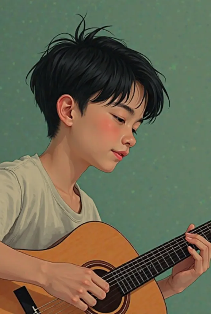 Drawing of a young beautifull boy, small, serious, happy, relaxed, calm, with short straight black hair, playing the guitar with a completely green background without details