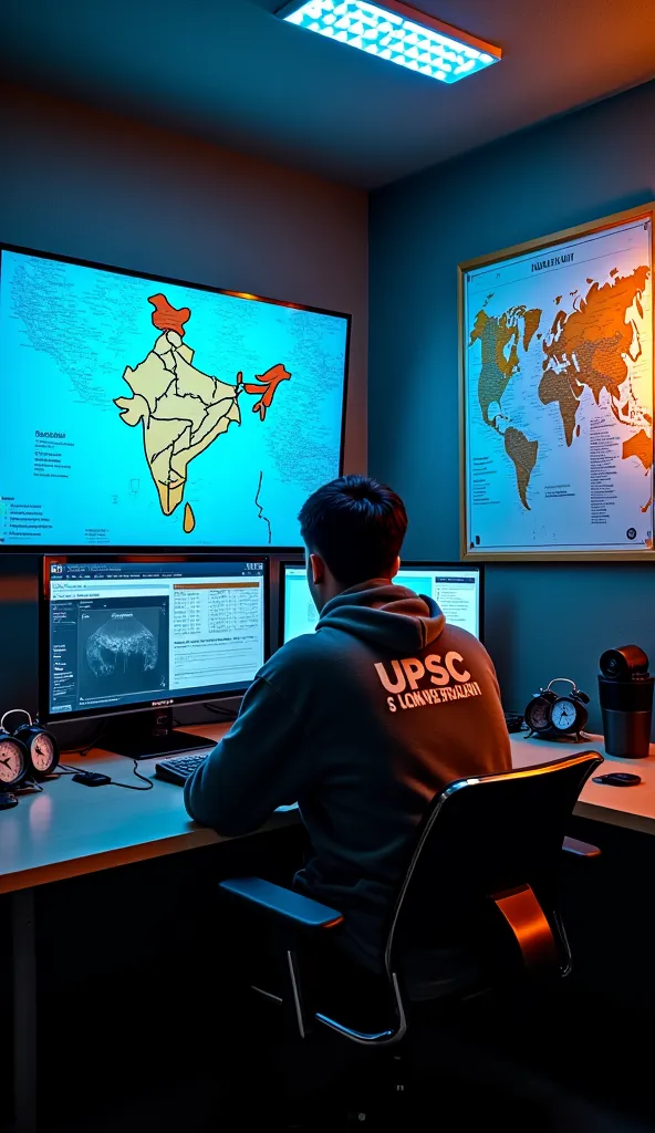 A secret, underground study bunker where a UPSC aspirant is fully immersed in intensive preparation. The room has soundproof walls, dim study lighting, and a premium, curved monitor displaying UPSC answer writing techniques. A wall-mounted whiteboard is fi...