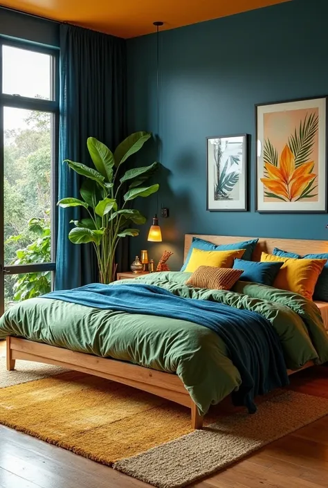 A modern bedroom inspired by the vibrant Bird of Paradise color palette. The room features deep blue accent walls, complemented by golden yellow and orange decor elements, creating a lively yet sophisticated ambiance. The bed has lush green and blue beddin...