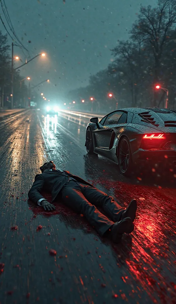 "A luxury sports car speeds down a wet highway at night damaged by accident And an ash cat with luxurious suits besides the car laying down on the ground with blood all over his body"