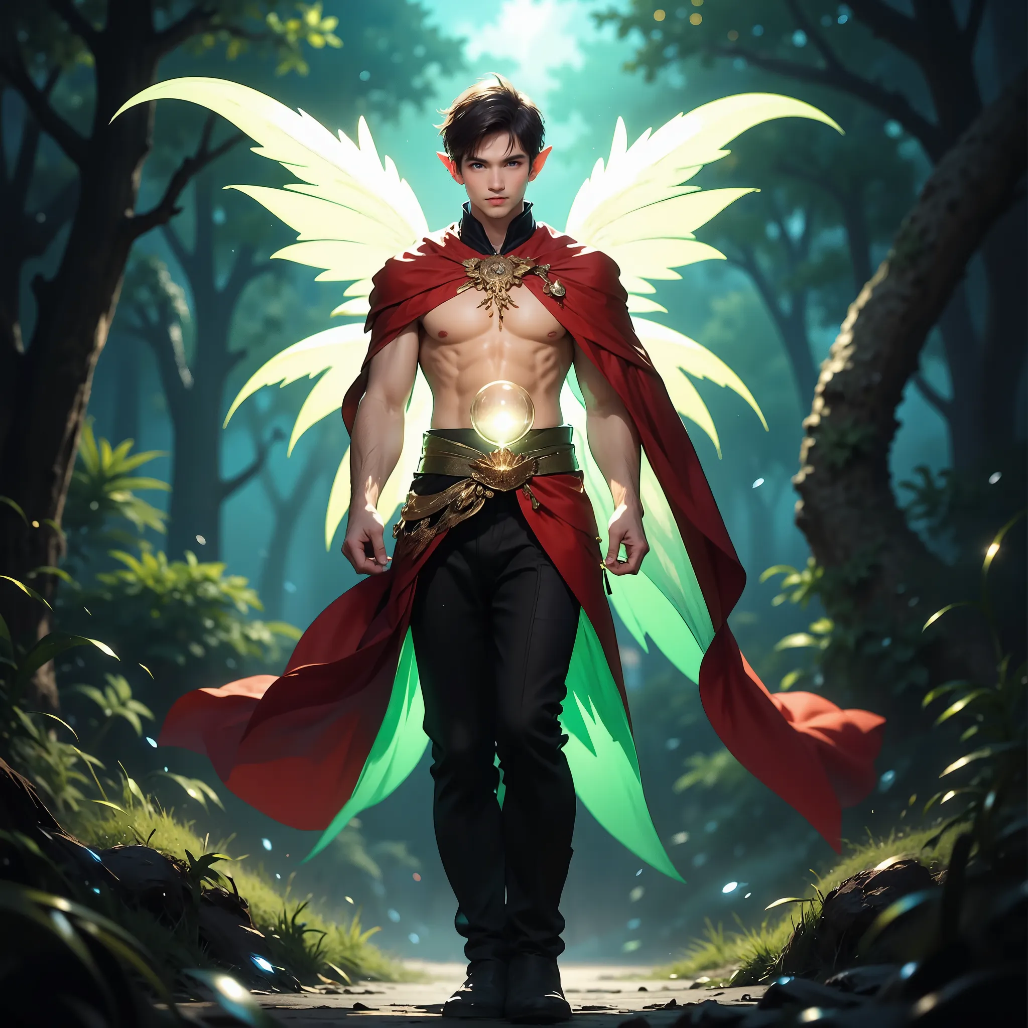 A majestic full-length fairy man with pointed ears and wings, dressed in a bright crimson cloak with intricate gold embroidery, posed spectacularly against the background of a misty, moonlit forest. His piercing emerald-green eyes shone with magic, his chi...