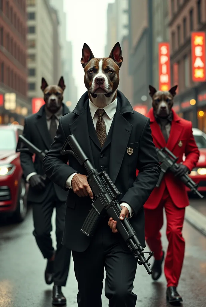 Un clan de chien pitbull au costume et un ak47 à la main qui marche et fait le mafieux en video en arrière plan dés magasin et des voiture de luxe de différent couleur dans une rue à newyork 