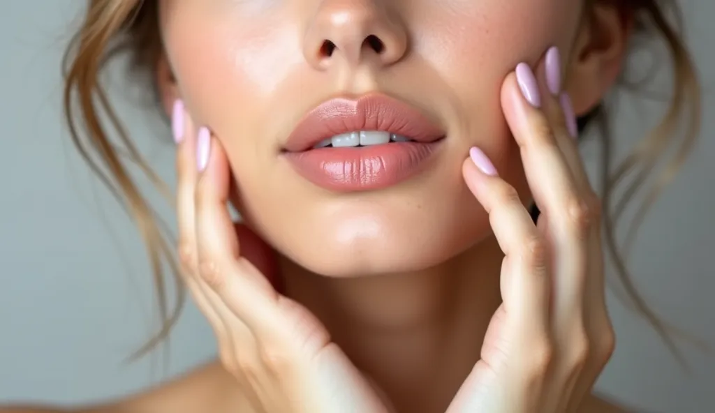 A close-up, high-quality photograph of a young woman with flawless, radiant skin and well-defined, voluminous lips. She gently touches her face, highlighting her lips, which appear enhanced after a central lip lift procedure. The focus is on her lips and t...