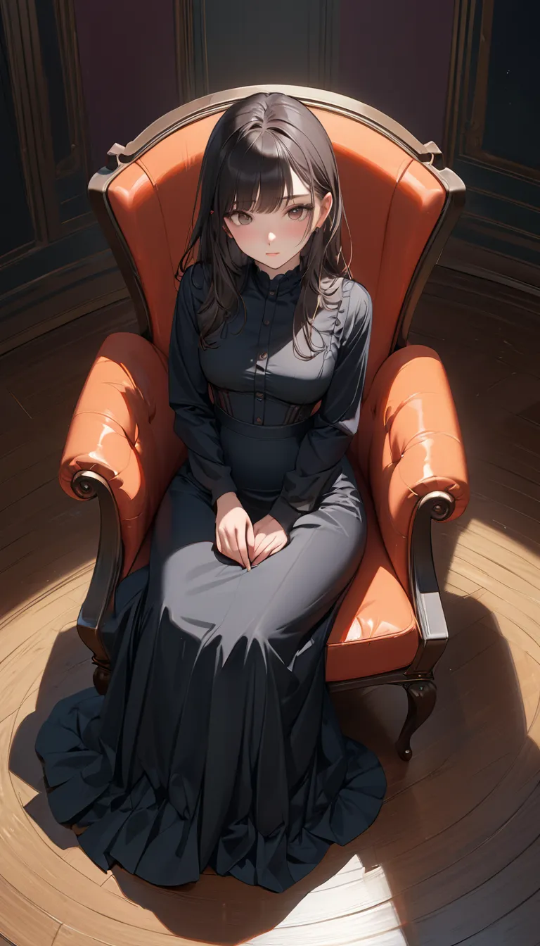 Young lady sitting on a chair　Black Dress　High waisted flared long skirt　　from above,　Distant view,　　 (Masterpiece, best quality , Ultra high resolution ), highly detailed CG ,((from head to toe, full body shot ) ),　　front view