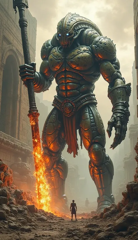 "A colossal titan with the body of a scorpion and the torso of a humanoid warrior, its exoskeleton shimmering with an eerie metallic sheen, wielding a massive flaming spear, standing at the entrance of a lost civilization, the ruins crumbling under its imm...