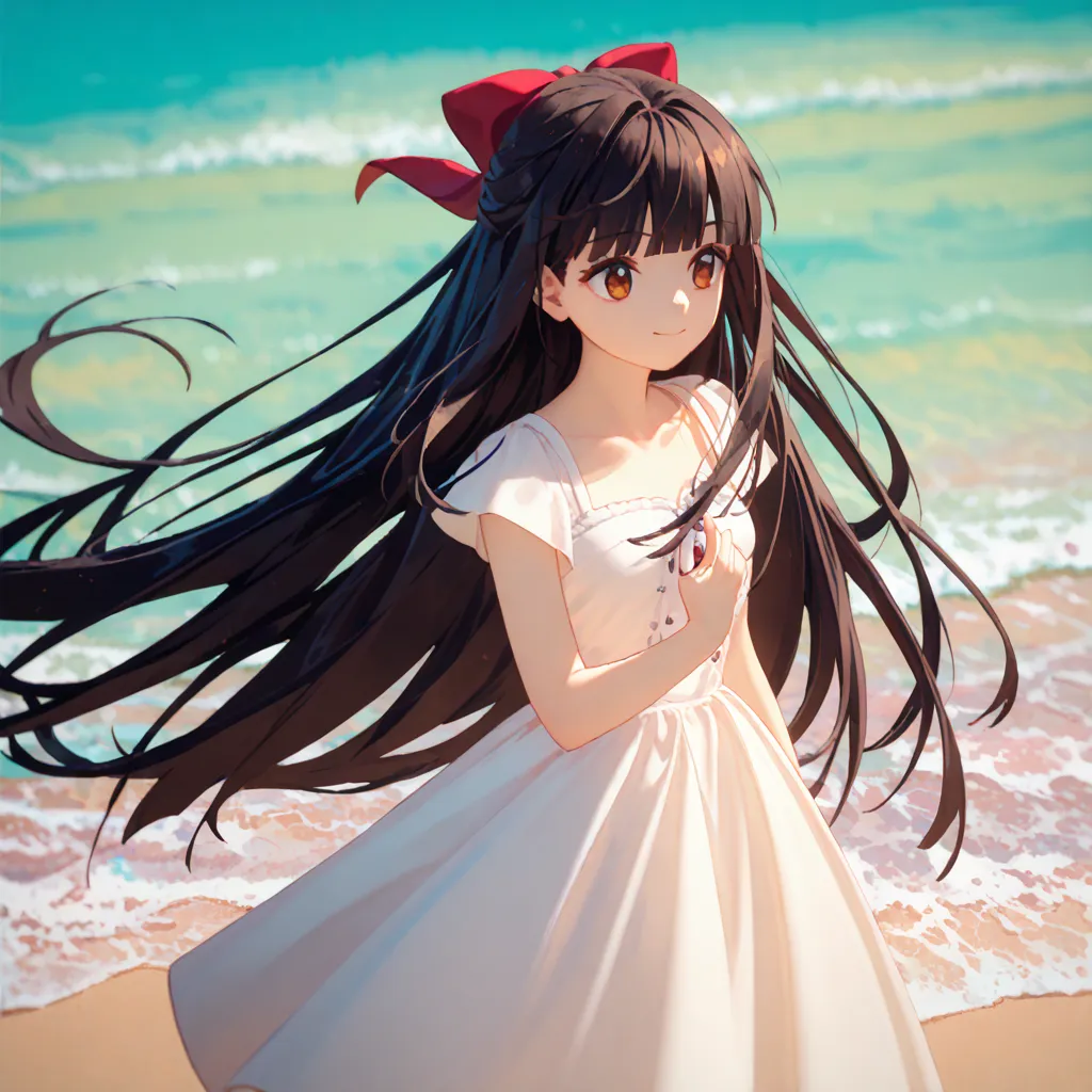  I'm buying a rest ryu, 1 female, alone, medium chest,  brown eyes, points under the eyes, has dark hair, long hair, very long hair, Bang, Hime cut,  hair intake, Half updo, long side hair, Hair bow,  red ribbon,  dress, white  dress, 민소매  dress, bright sm...