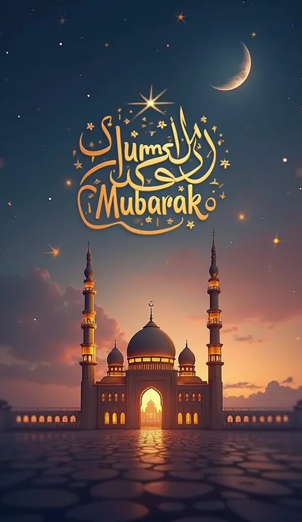 "A beautiful Islamic-themed digital artwork for Jumma Mubarak. The image features a golden mosque with glowing minarets, a crescent moon in the sky, and soft, warm lighting. Elegant Arabic calligraphy saying 'Jumma Mubarak' in gold is in the center. The ba...